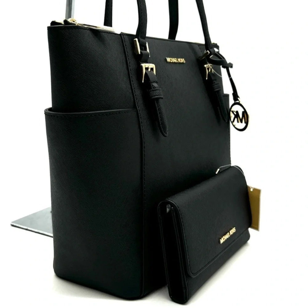 Michael Kors Large Charlotte TZ Tote Bag & Large Trifold Wallet Black/Gold - Picture 4 of 14